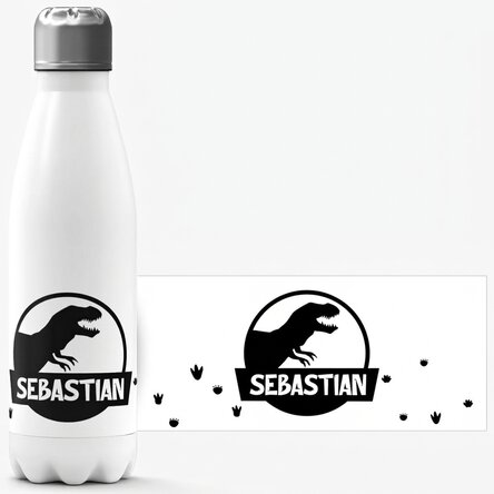 Termos z białą podstawą, spersonalizowany imieniem – czarny dinozaur T-Rex