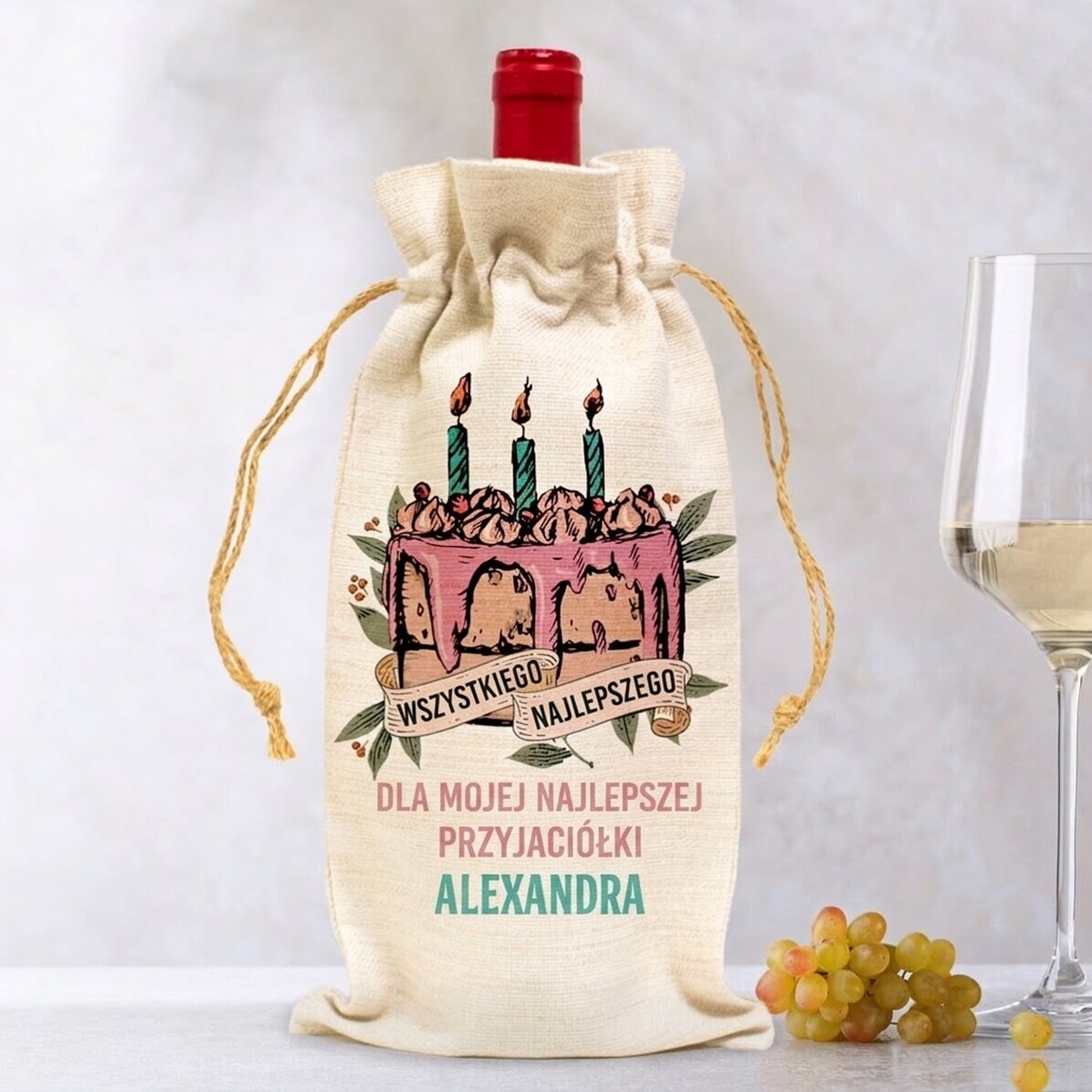 Spersonalizowana torebka na butelkę wina – Happy Birthday Retro
