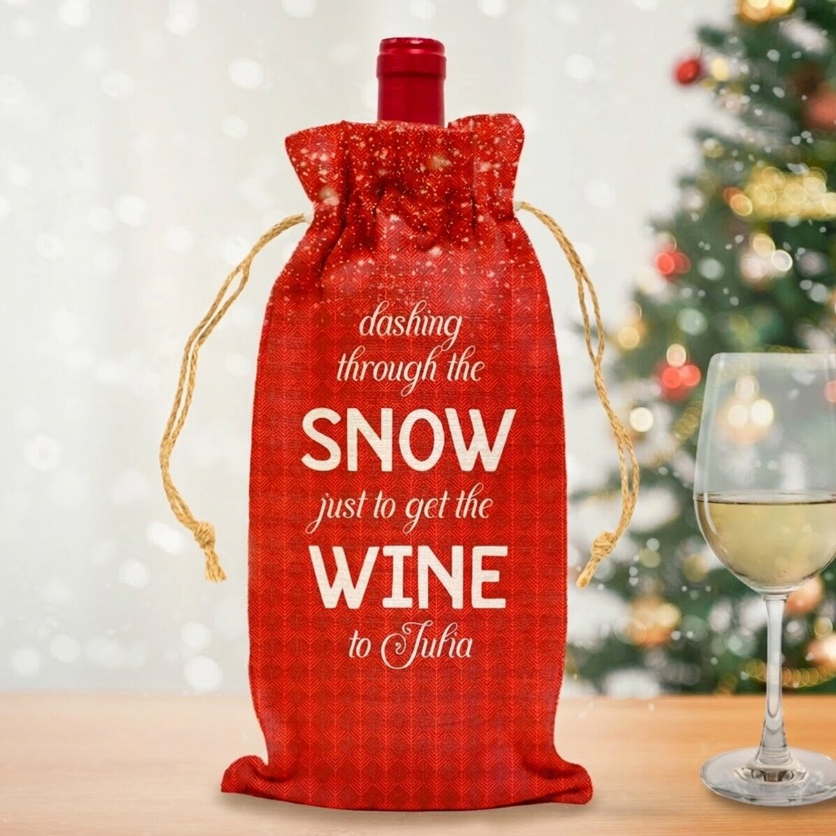 Spersonalizowana torba na butelkę wina – „Dashing through the snow”