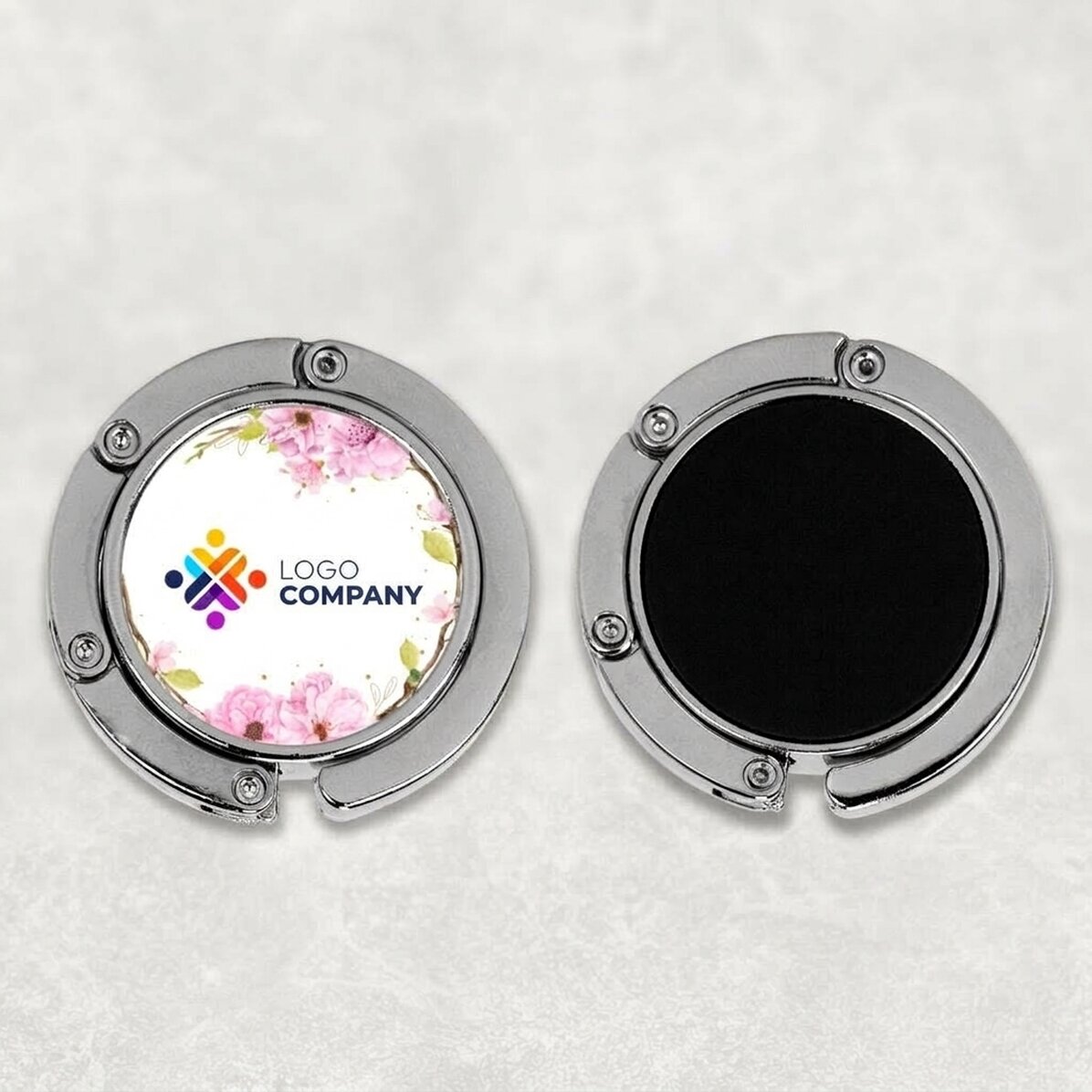 Personalised bag holder for table with logo and floral pattern