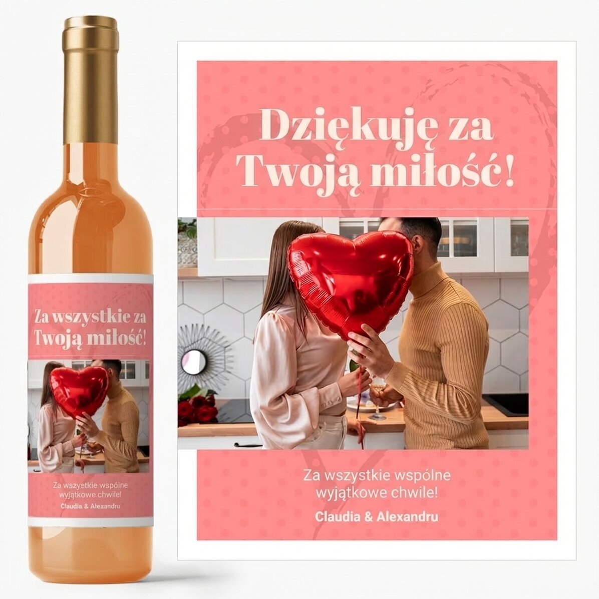 Wino z indywidualnym nadrukiem ze zdjęciem i napisem – Dziękuję za twoją miłość!