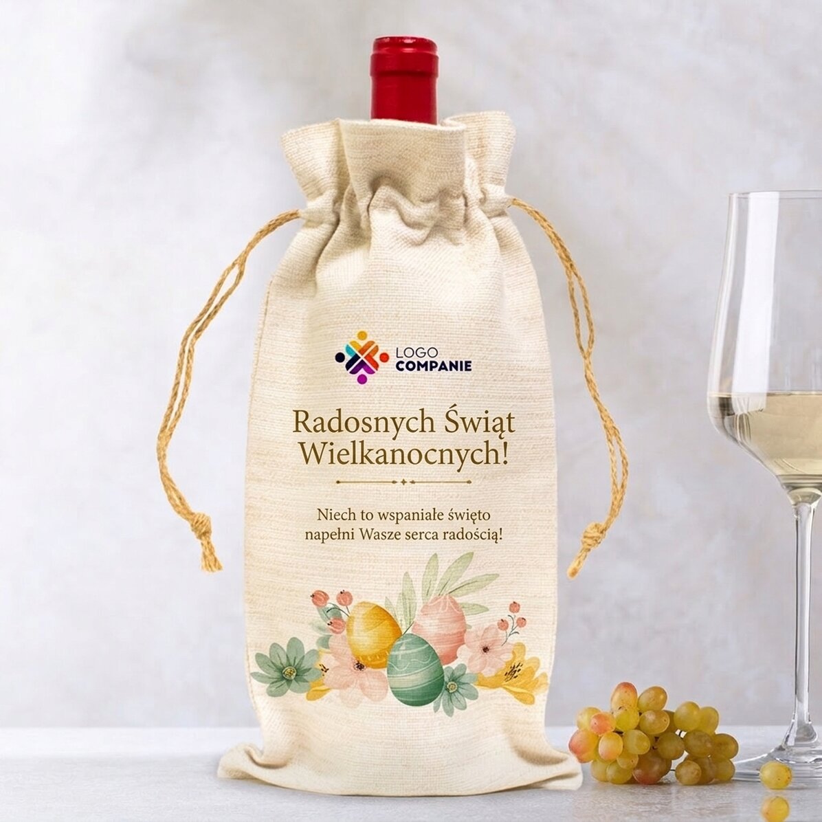 Spersonalizowana torebka na butelkę wina z logo i napisem – Wesołych Świąt Wielkanocnych!