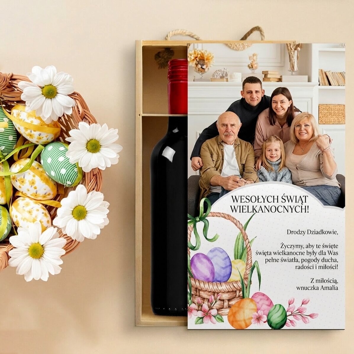 Pudełko na wino na 2 butelki, spersonalizowane zdjęciem i wiadomością z okazji Wielkanocy