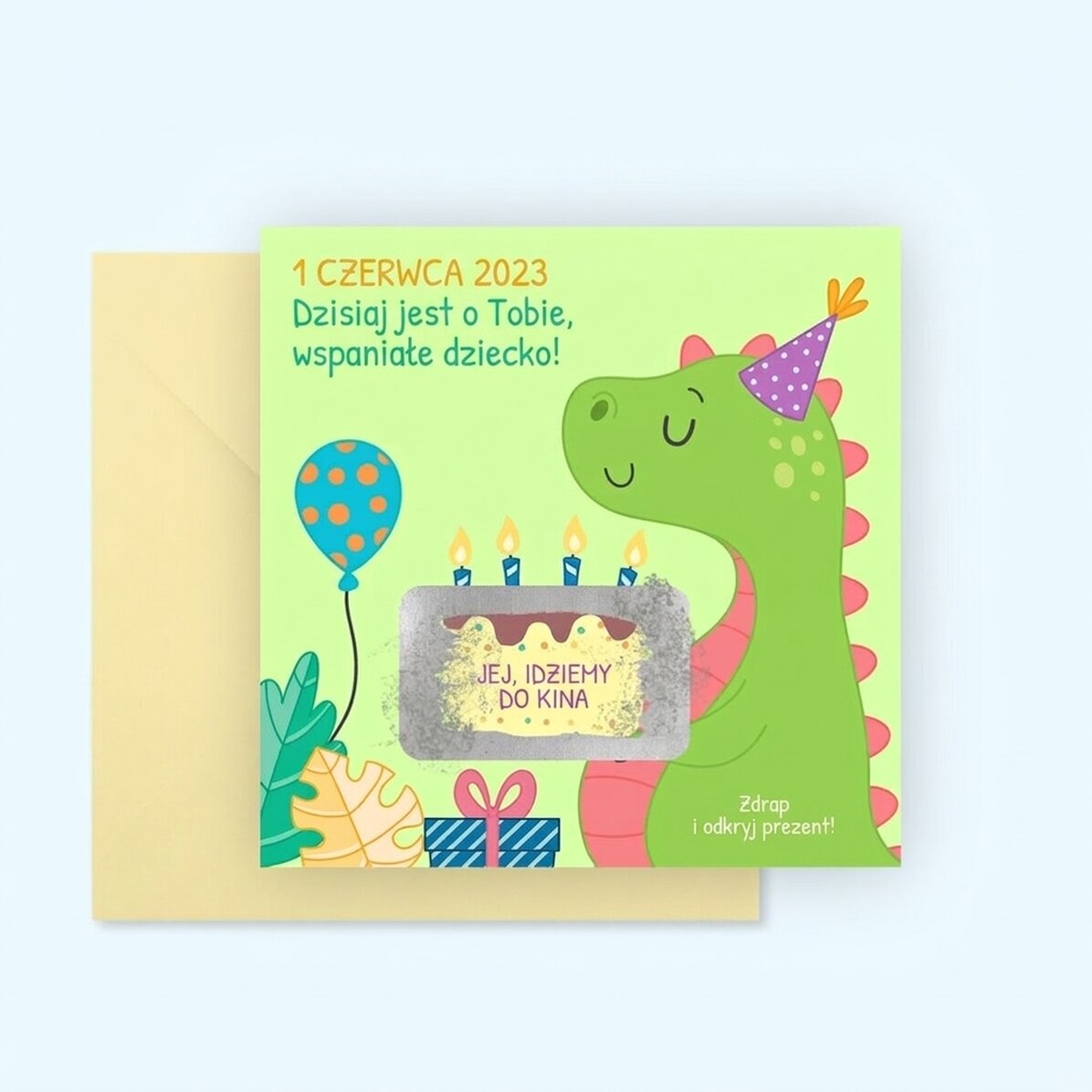 Spersonalizowana karta do zdrapania z wiadomością dla dzieci – Dino