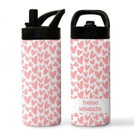 Thermos with handle and straw personalised with name - Hearts