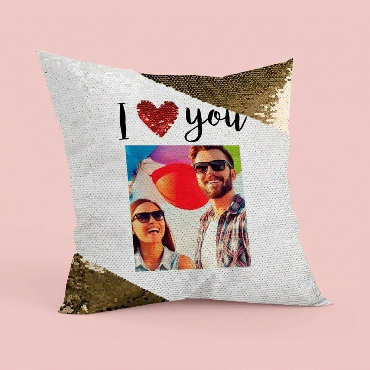 Spersonalizowana poduszka ze zdjęciem – „I love you” – złote cekiny