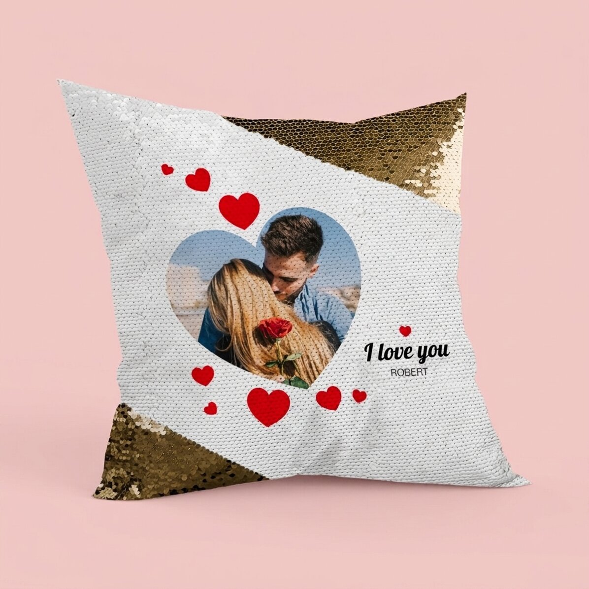 Spersonalizowana poduszka ze zdjęciem – P.S. I love you – złote cekin