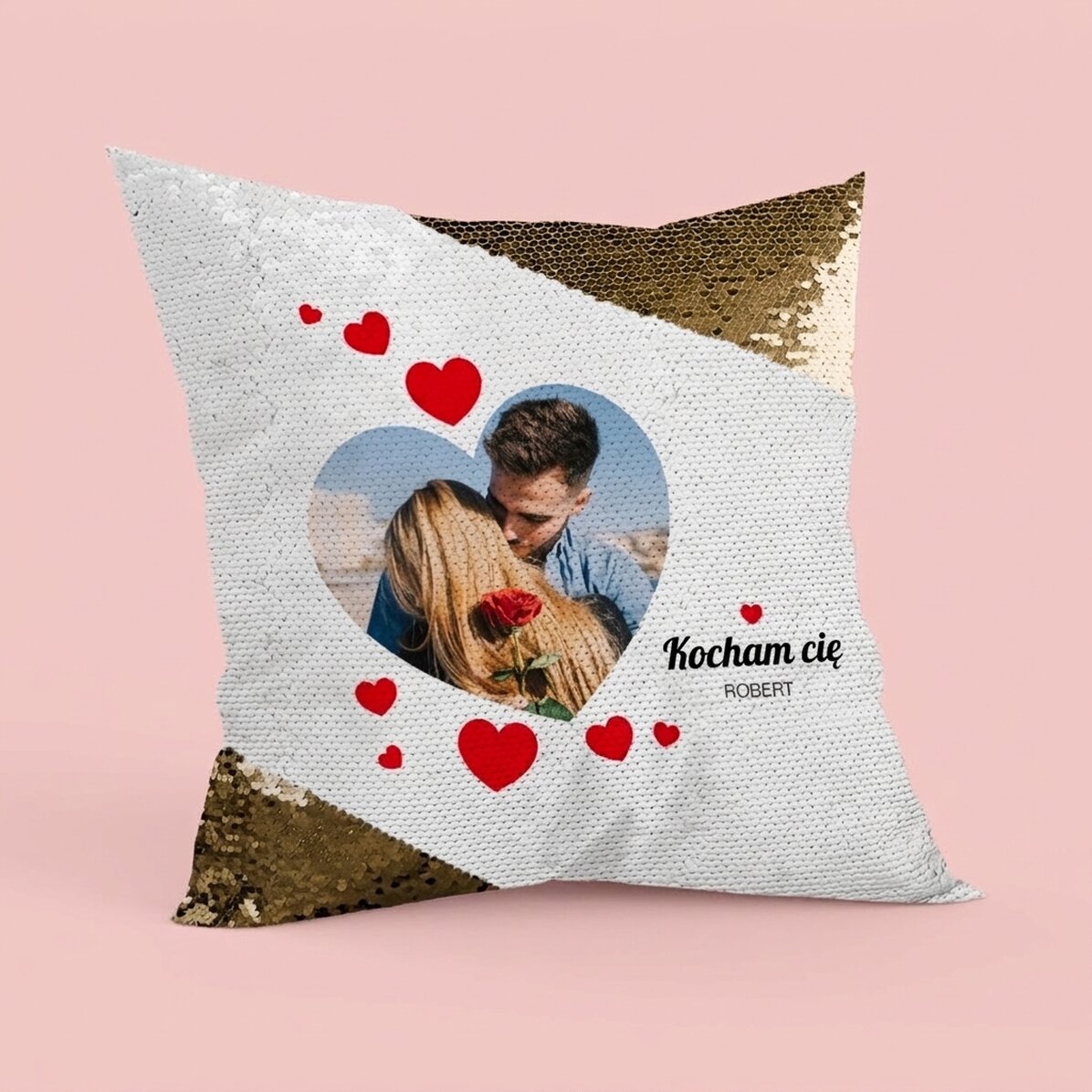 Spersonalizowana poduszka ze zdjęciem – P.S. I love you – złote cekin