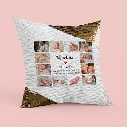 Spersonalizowana poduszka z 12 zdjęciami i napisem – Baby Złote cekin