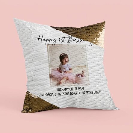 Spersonalizowana poduszka ze zdjęciem i napisem – „Happy Birthday” – złote cekin