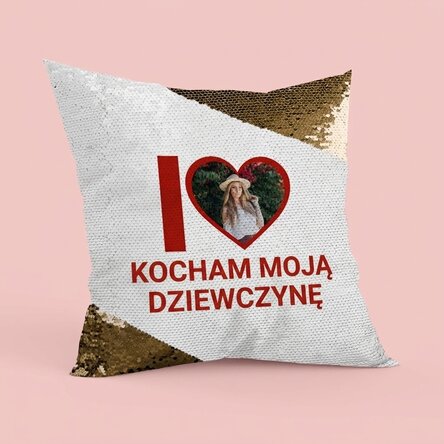 Spersonalizowana poduszka ze zdjęciem i napisem – „I love my girlfriend” – złote cekiny