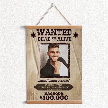 Plakat z zawieszką, spersonalizowany z tekstem i zdjęciem – Wanted