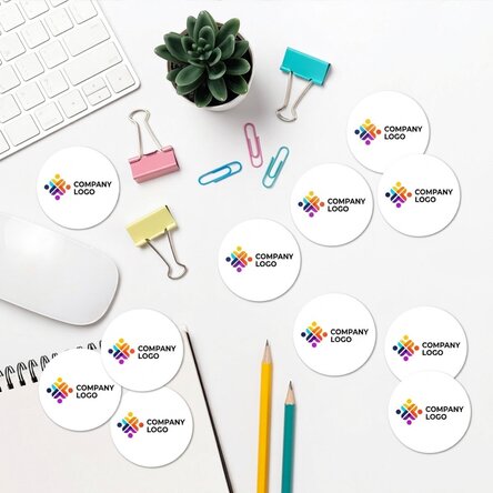 Set of 12 round stickers (self-adhesive labels), diameter 5 cm, customised with logo