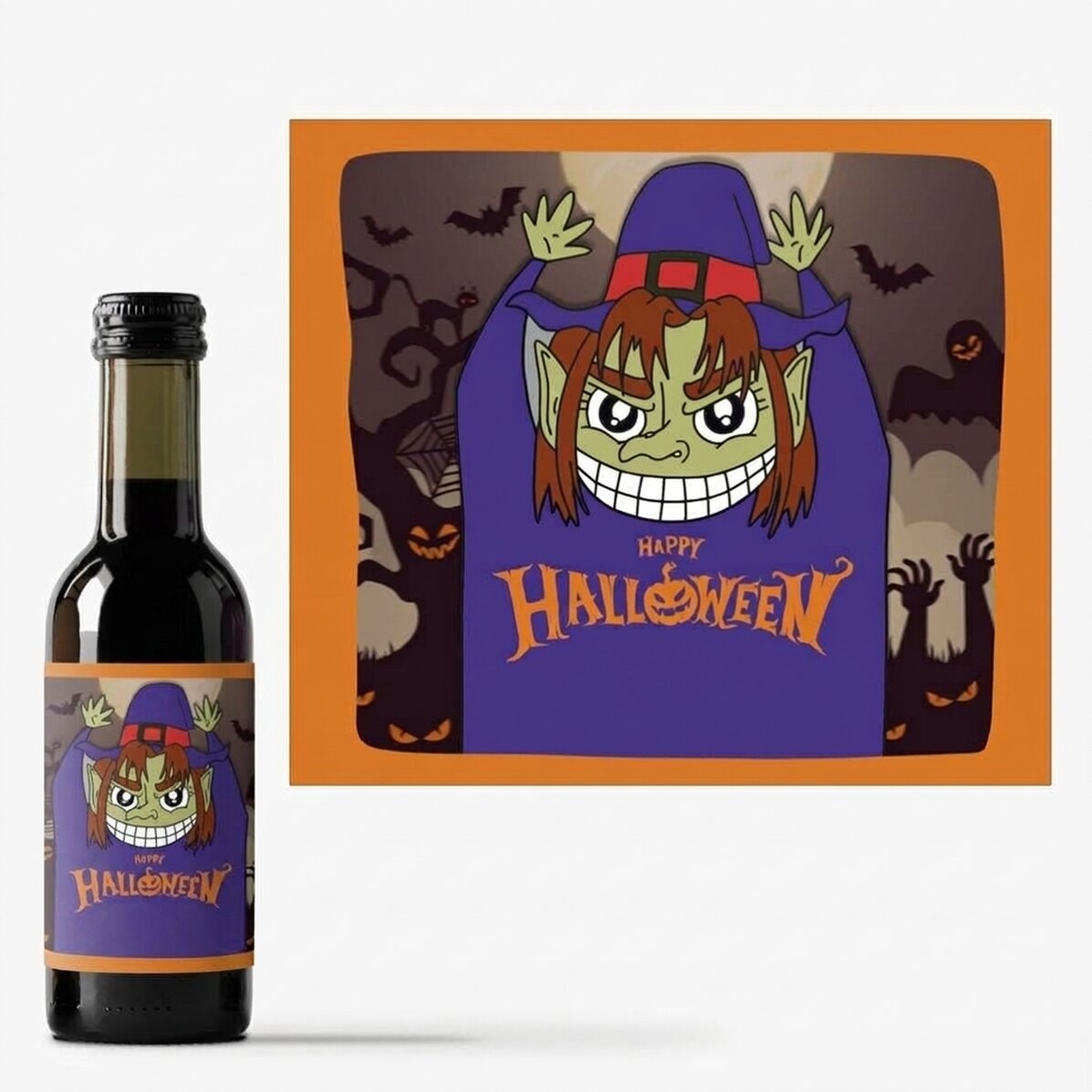 Mała buteleczka wina z indywidualnym napisem – Happy Halloween Witch