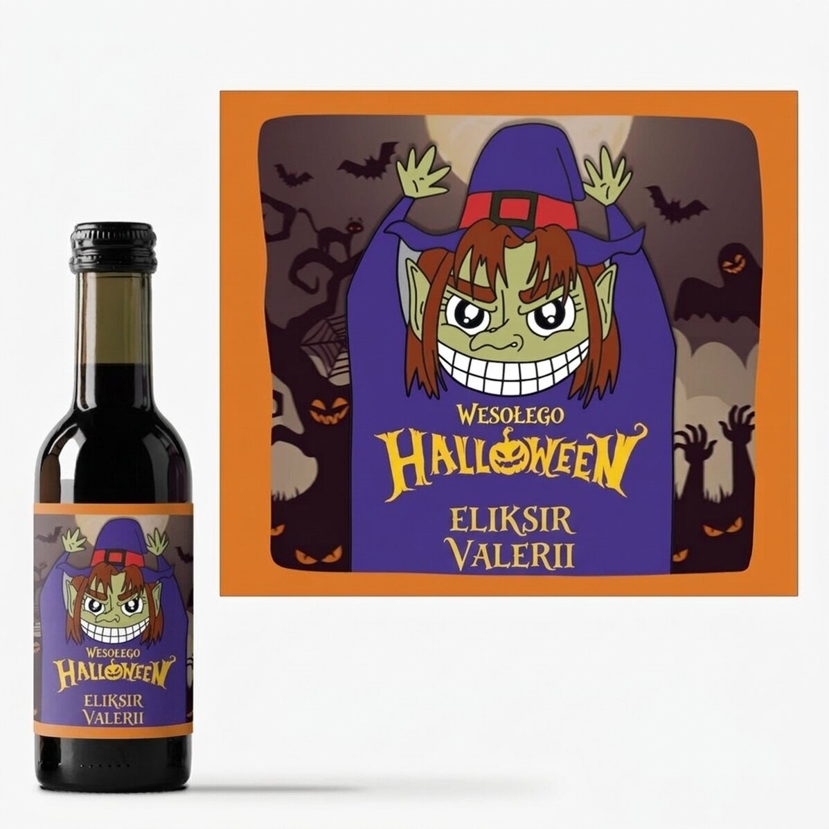 Mała buteleczka wina z indywidualnym napisem – Happy Halloween Witch