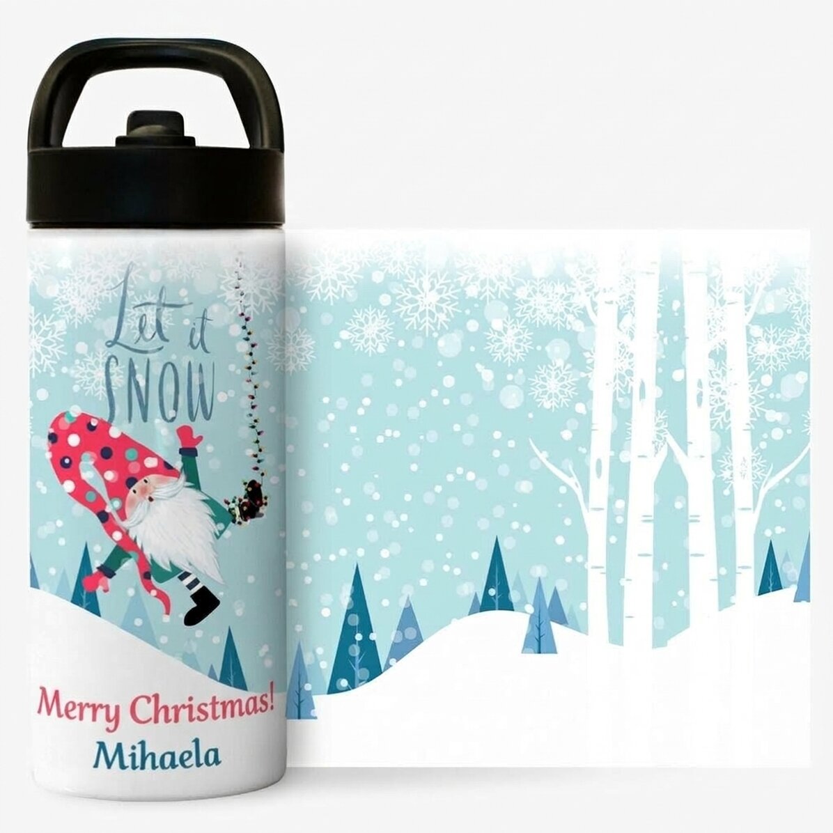 Termos z uchwytem i słomką, spersonalizowany napisem – „Let it snow”