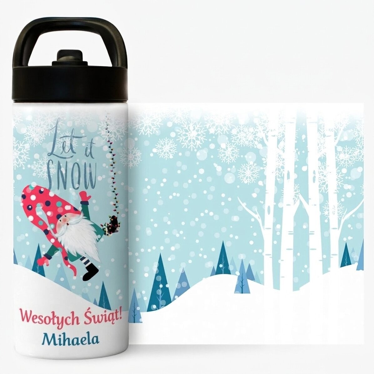 Termos z uchwytem i słomką, spersonalizowany napisem – „Let it snow”