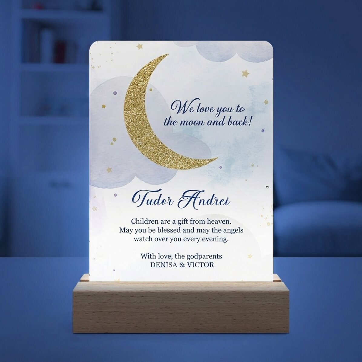 Spersonalizowana lampa nocna LED z napisem – „To the moon and back”