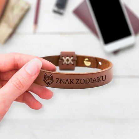 Spersonalizowana skórzana bransoletka z inicjałami i znakiem zodiaku Lwa