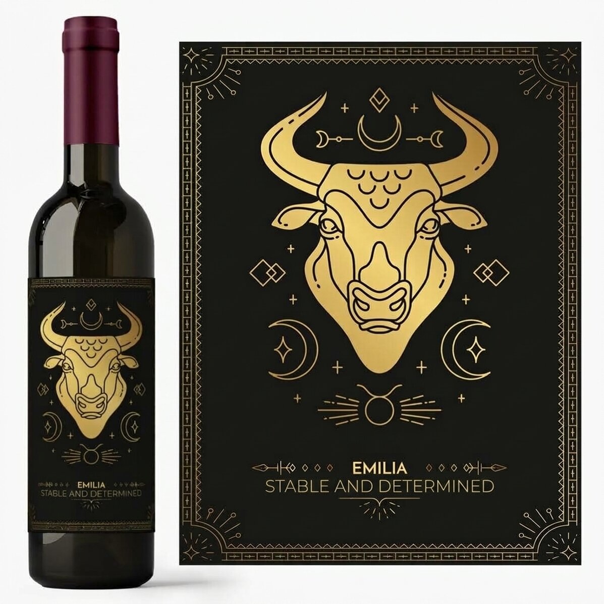 Wino z indywidualnym napisem i znakiem zodiaku – Byk