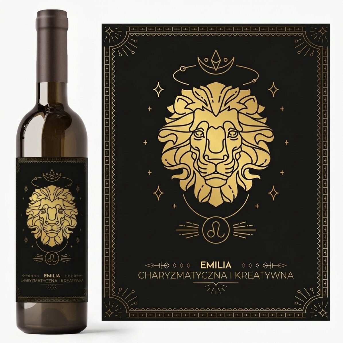 Wino z indywidualnym napisem i znakiem zodiaku – Lew