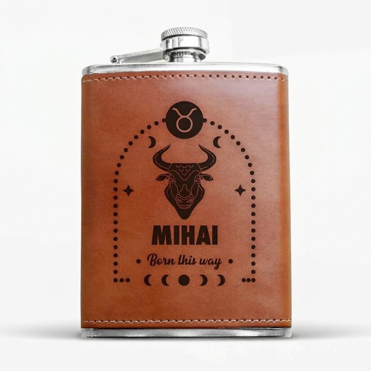 Leather-covered pocket flask personalised with text and zodiac sign - Taurus