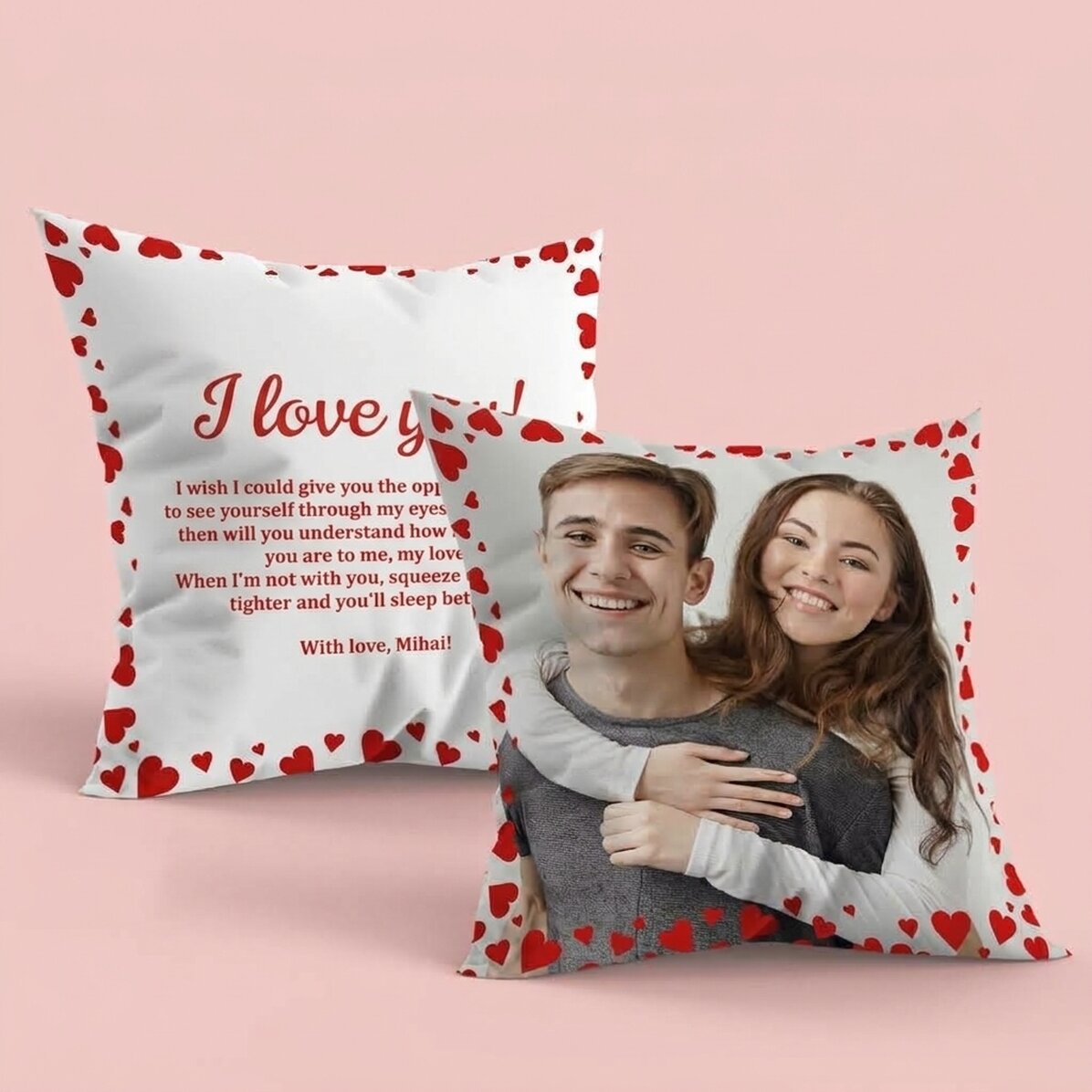 Spersonalizowana poduszka ze zdjęciem i napisem po obu stronach – Love
