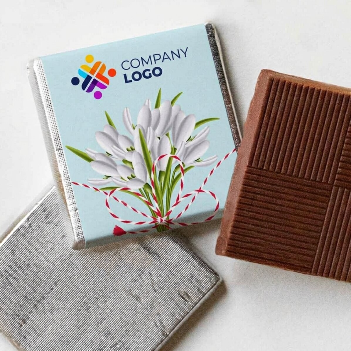 Mini czekoladka z indywidualnym nadrukiem logo i tekstu – Przebiśniegi