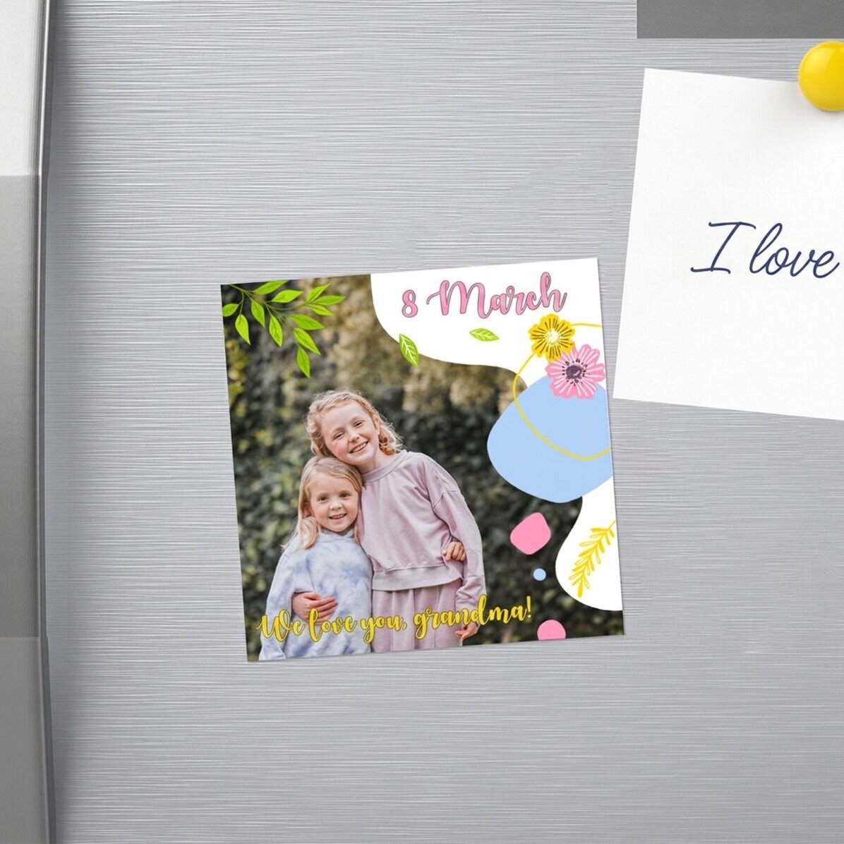 Spersonalizowany magnes 10x10 ze zdjęciem i napisem – Happiness