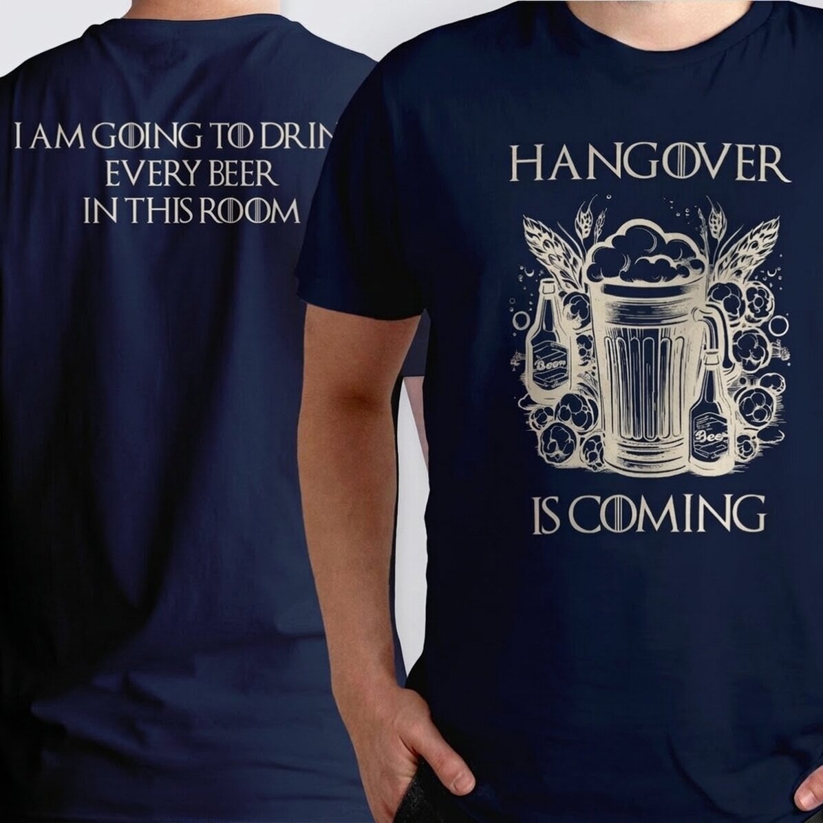 Koszulka bawełniana z nadrukiem z przodu i z tyłu – „Hangover is coming”
