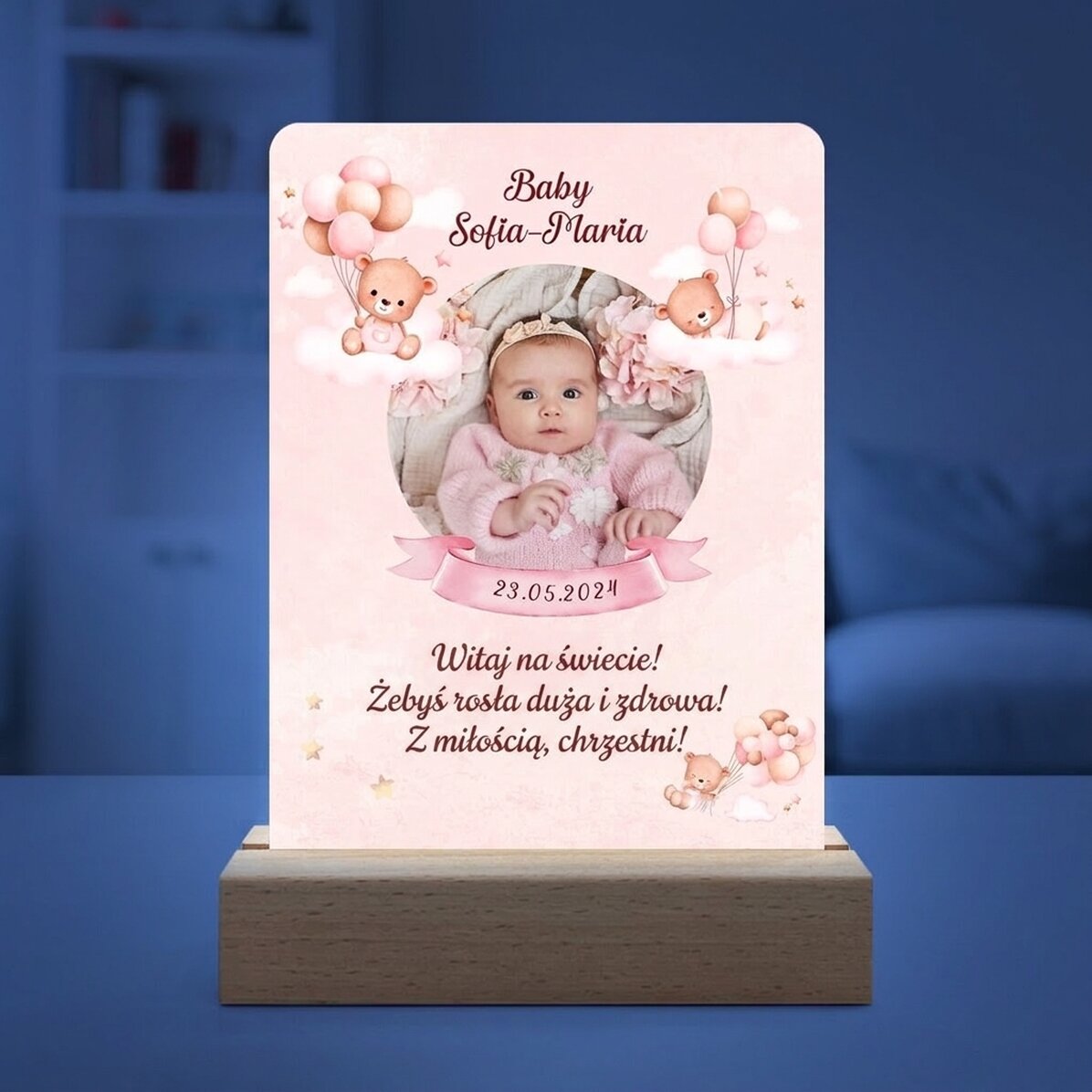 Spersonalizowana lampka nocna LED ze zdjęciem i napisem – Baby Girl