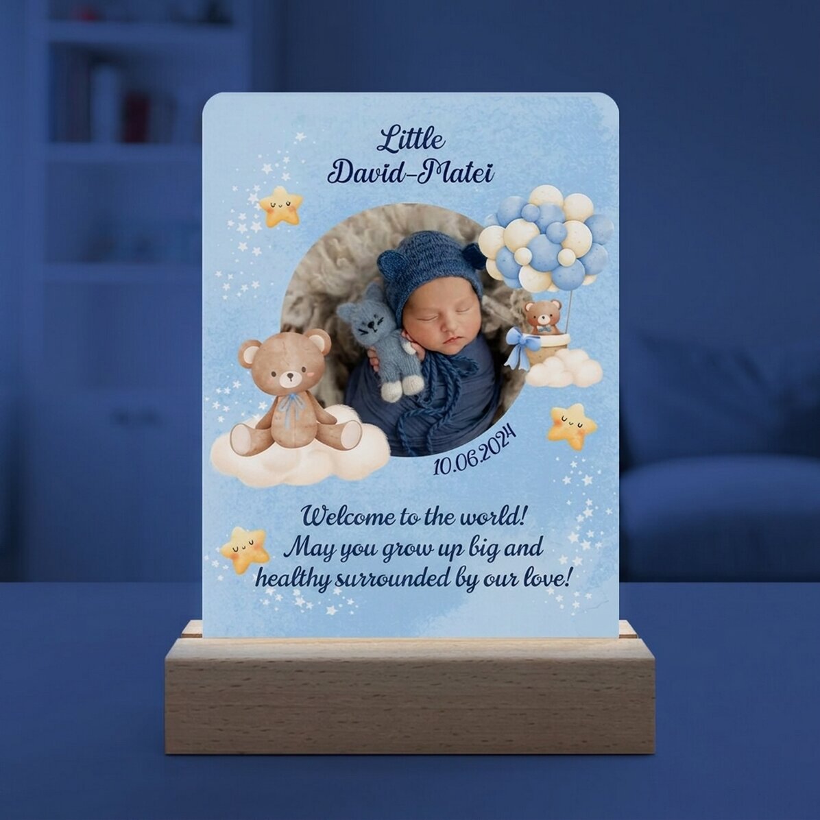 Spersonalizowana lampka nocna LED ze zdjęciem i napisem – Baby Boy