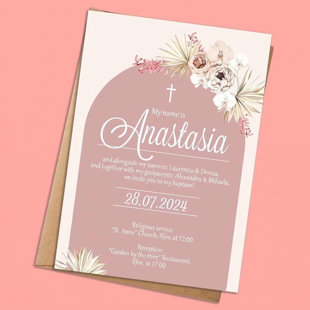 Spersonalizowana kartka z napisem – Zaproszenie na chrzciny – Pink Elegance