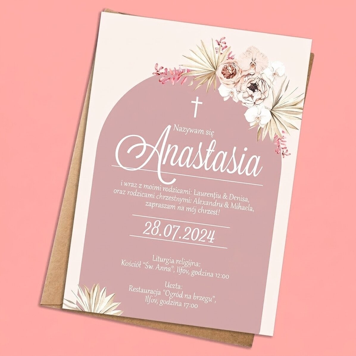 Spersonalizowana kartka z napisem – Zaproszenie na chrzciny – Pink Elegance