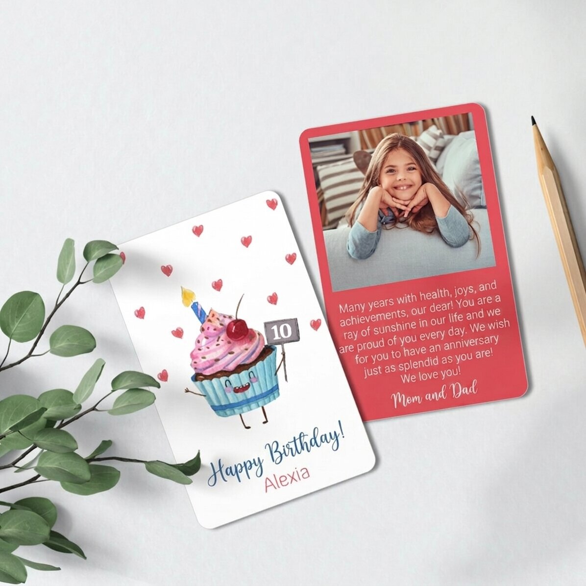 Spersonalizowana karta aluminiowa z nadrukiem na obu stronach, z wiadomością i zdjęciem – Cupcake