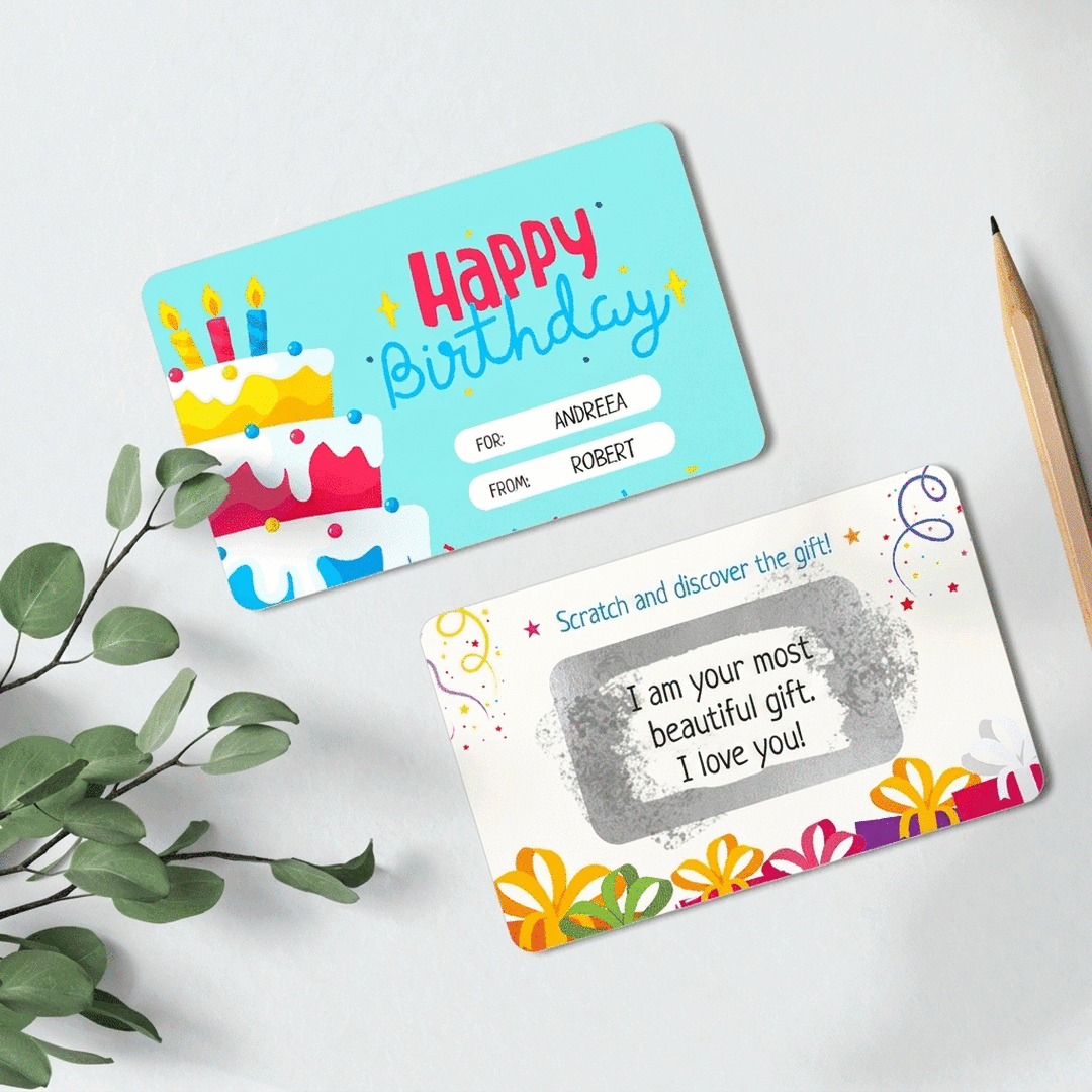 Spersonalizowana, dwustronna karta z aluminium do zdrapywania z napisem – Happy Birthday