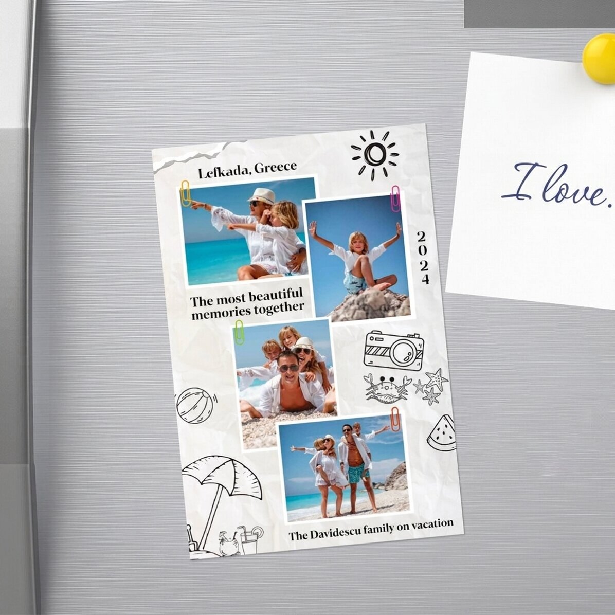 Spersonalizowany magnes o wymiarach 10 x 15 cm z 4 zdjęciami i tekstem – Holiday