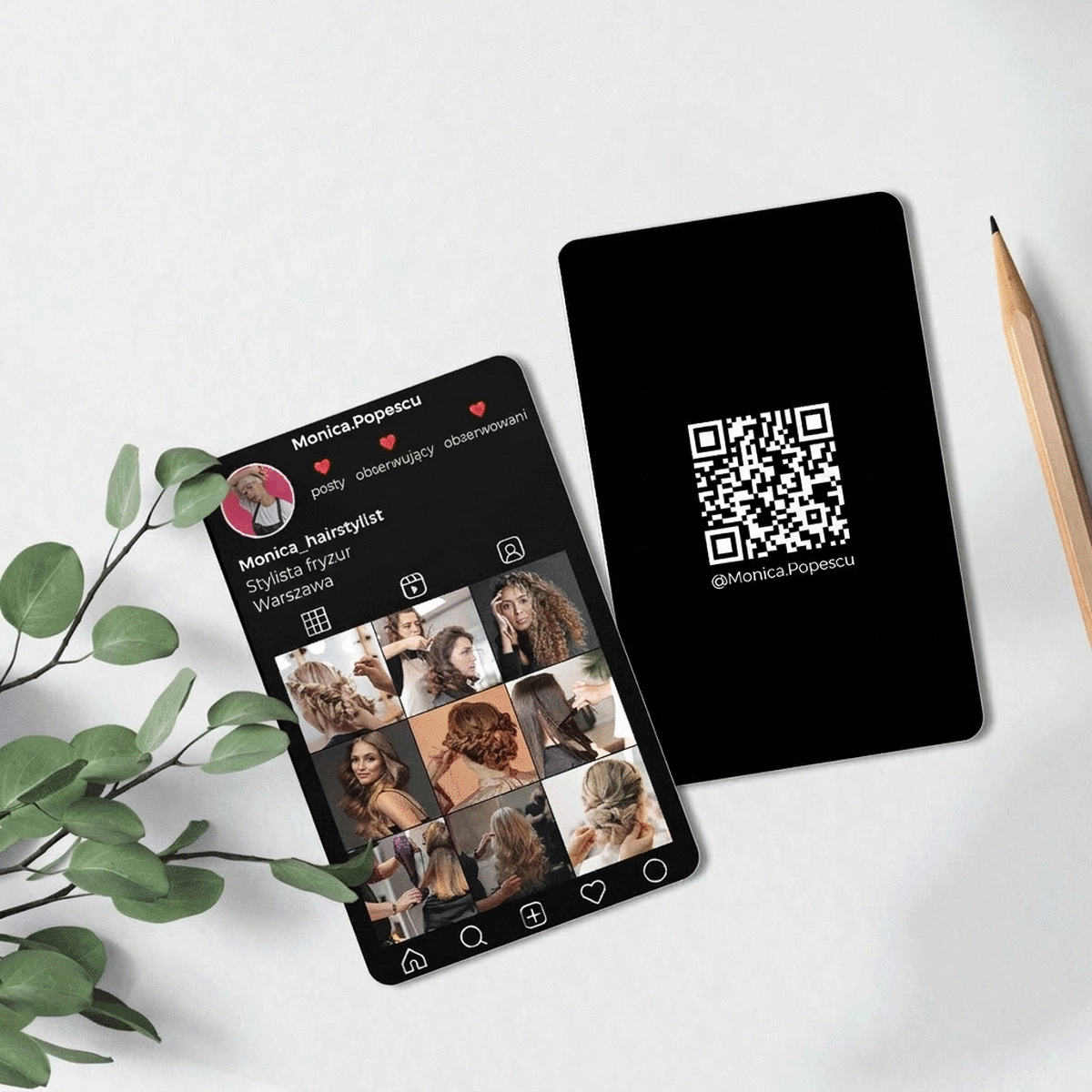 Spersonalizowana wizytówka aluminiowa, dwustronna, z kodem QR, tekstem i zdjęciami – Instagram