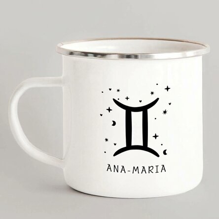 Personalised enamel metal mug with message - Gemini zodiac sign