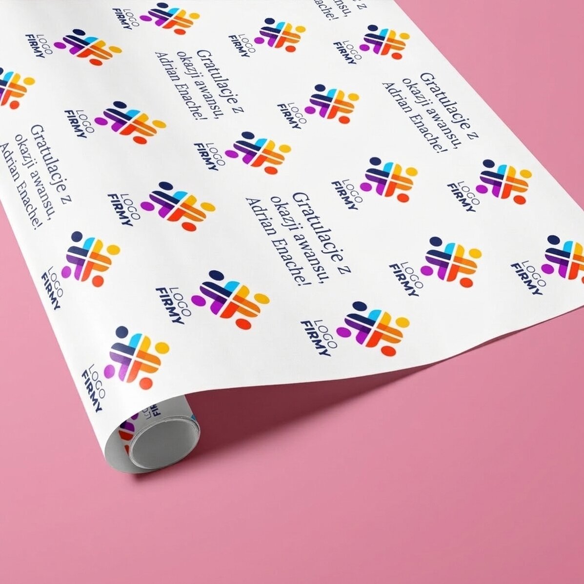 Papier do pakowania prezentów z nadrukowanym logo i napisem