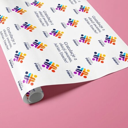 Papier do pakowania prezentów z nadrukowanym logo i napisem
