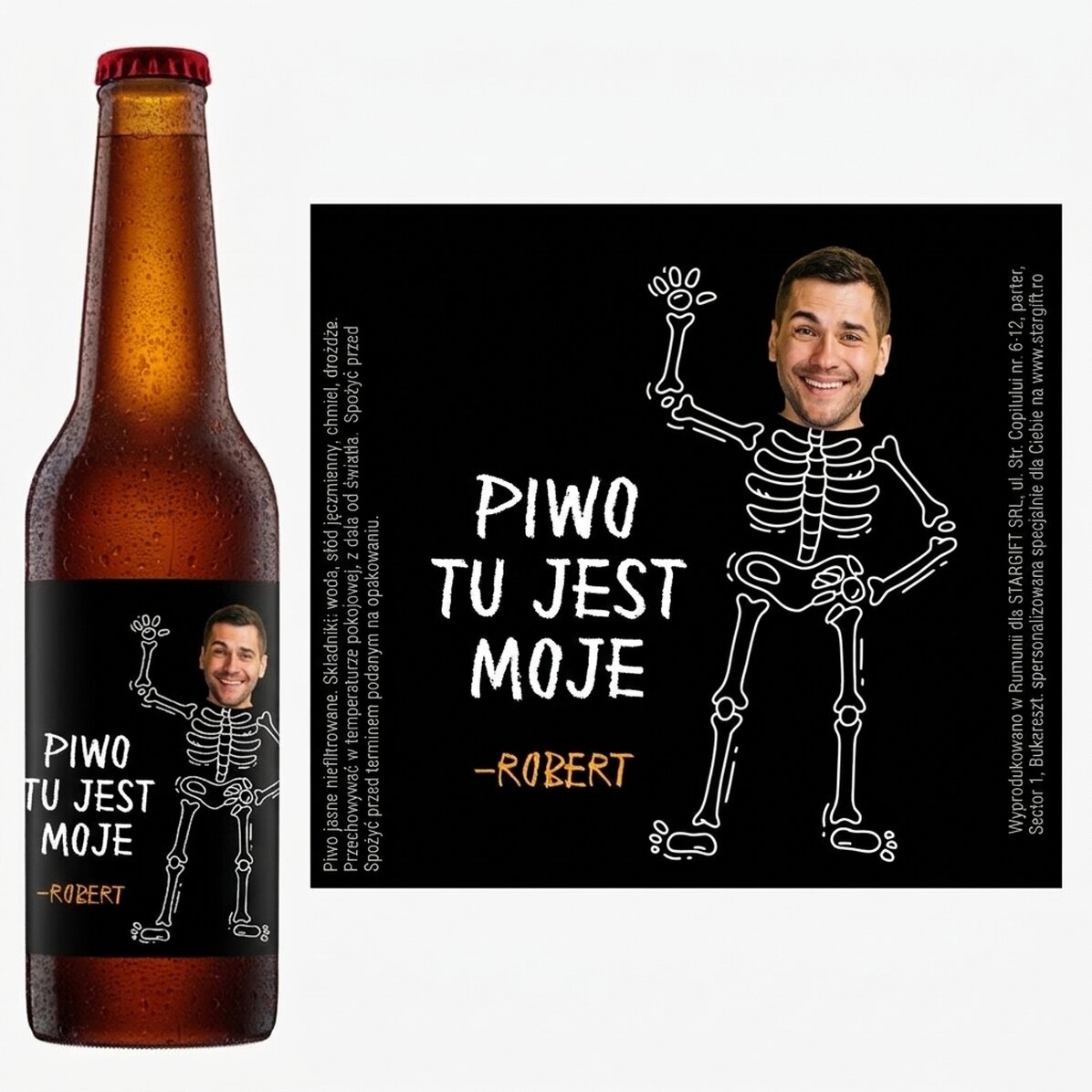 Piwo z własnym zdjęciem i napisem – Here for the beer