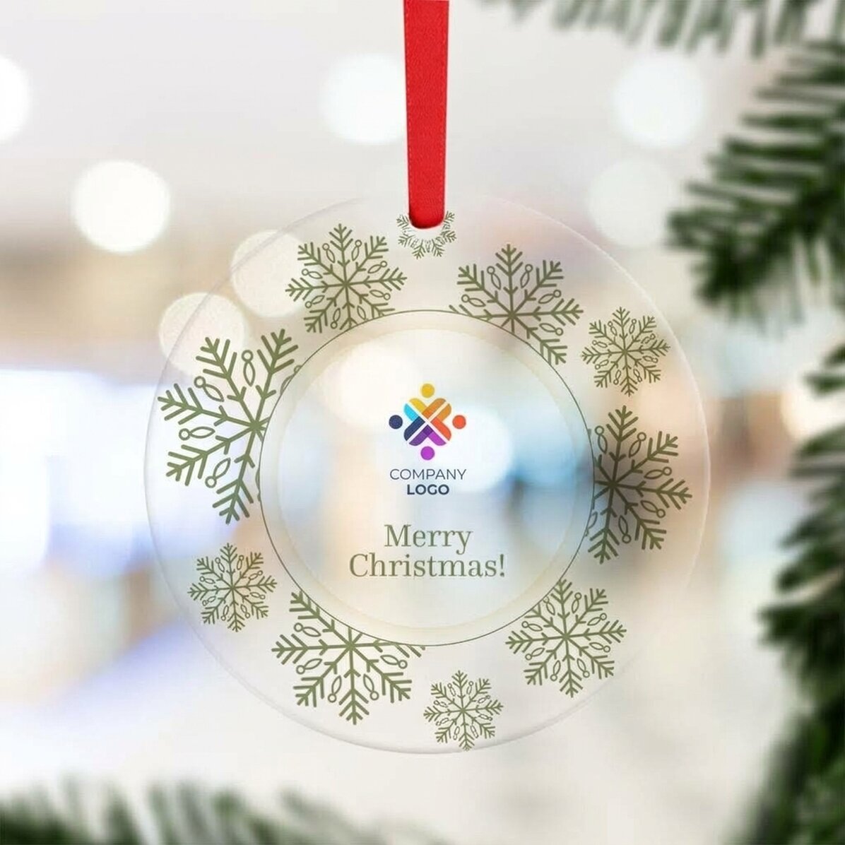 Okrągła ozdoba z indywidualnym nadrukiem logo i napisem – Merry Christmas!