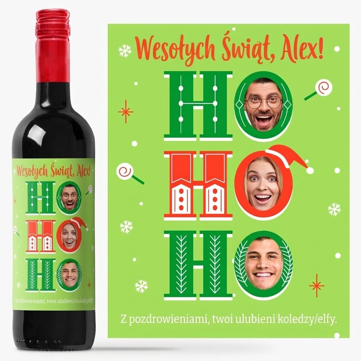 Wino z indywidualnym nadrukiem z napisem i trzema świątecznymi zdjęciami – HO HO HO