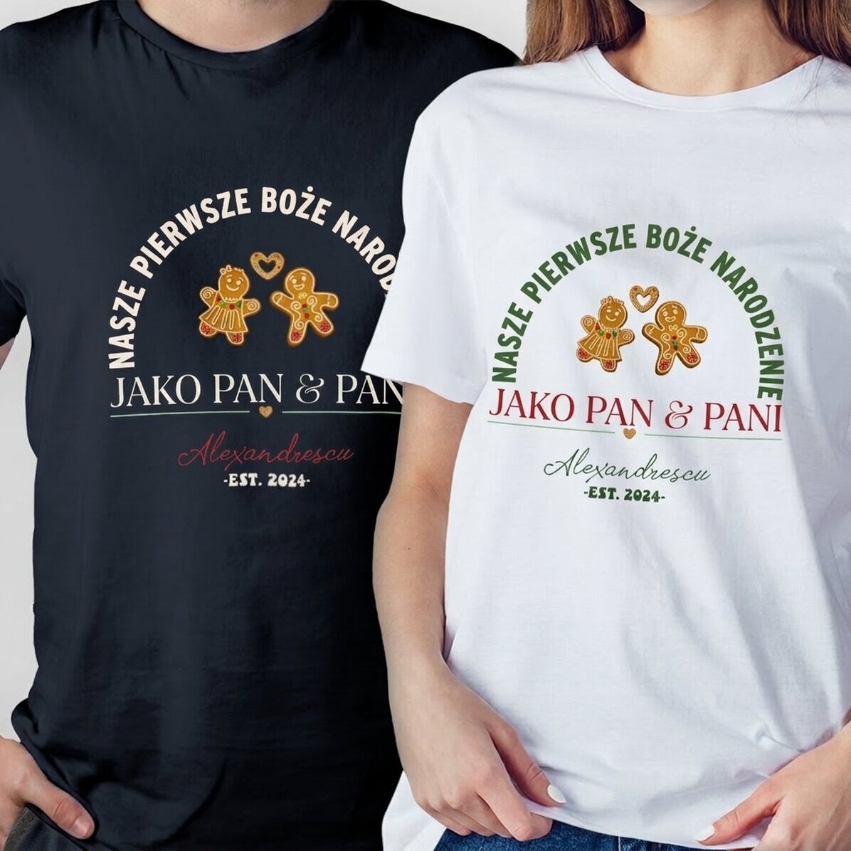 Bawełniana koszulka z indywidualnym nadrukiem świątecznym – Pan i Pani