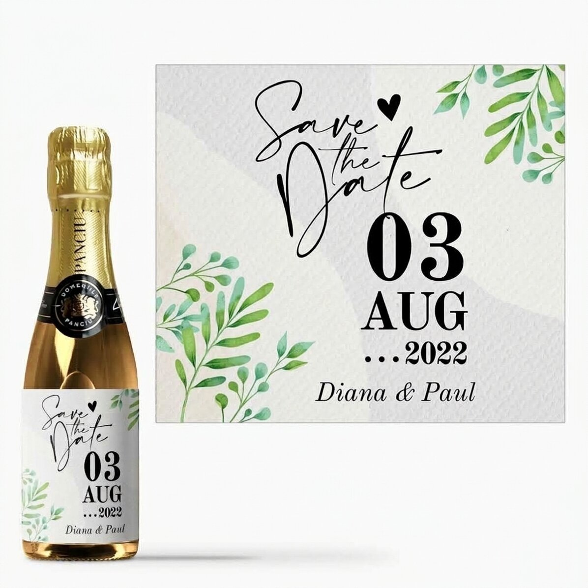 Mała buteleczka wina musującego z indywidualnym napisem – „Save the date”