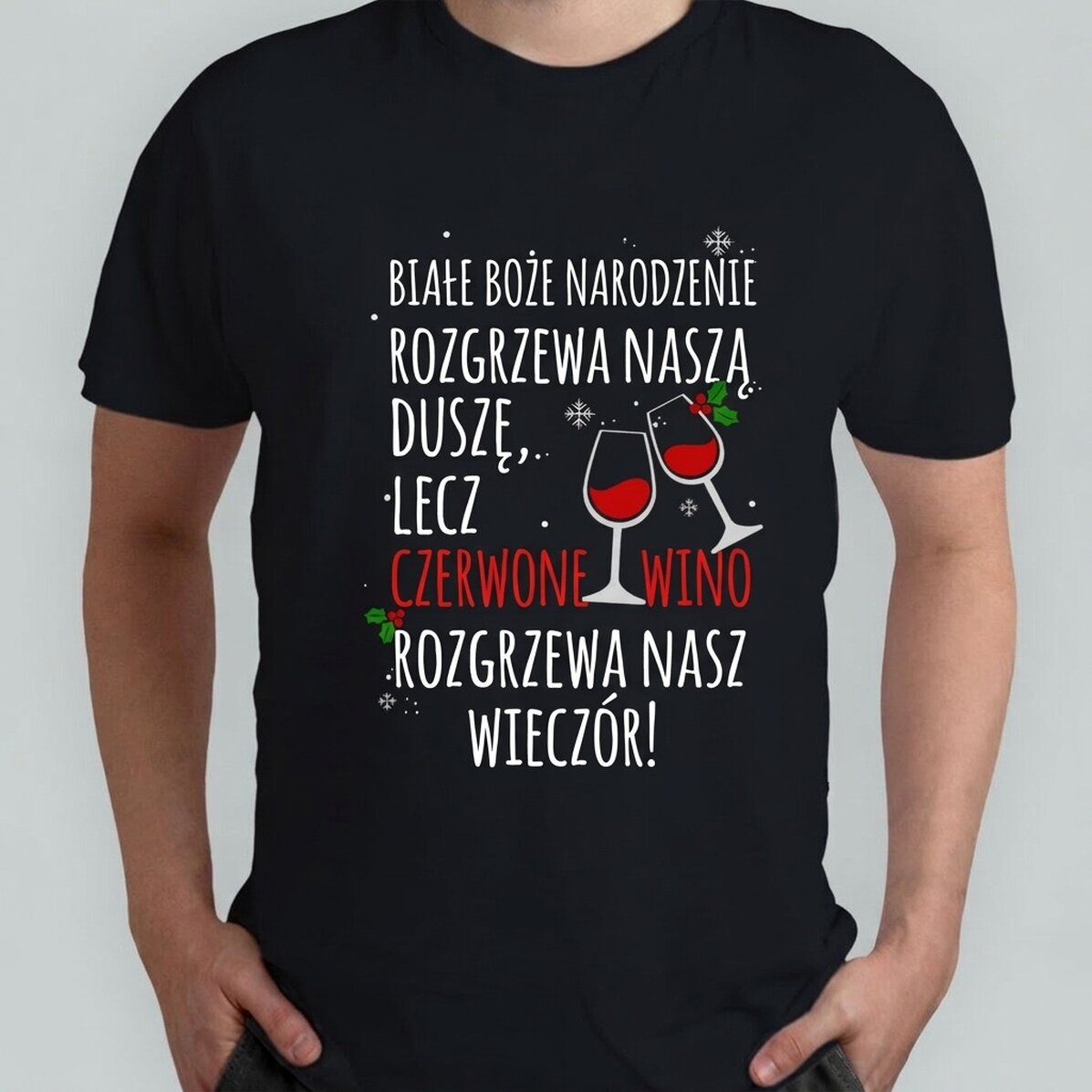 Koszulka bawełniana z nadrukiem – Białe Boże Narodzenie i czerwone wino