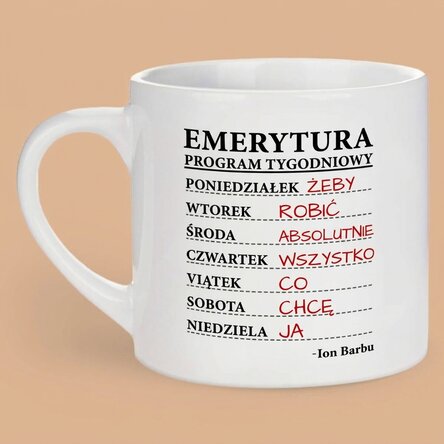 Spersonalizowany kubek do espresso z napisem – harmonogram tygodniowy