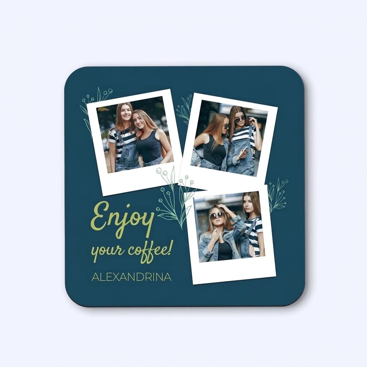 Spersonalizowany podstawka pod kubek z 3 zdjęciami i napisem – Enjoy your coffee