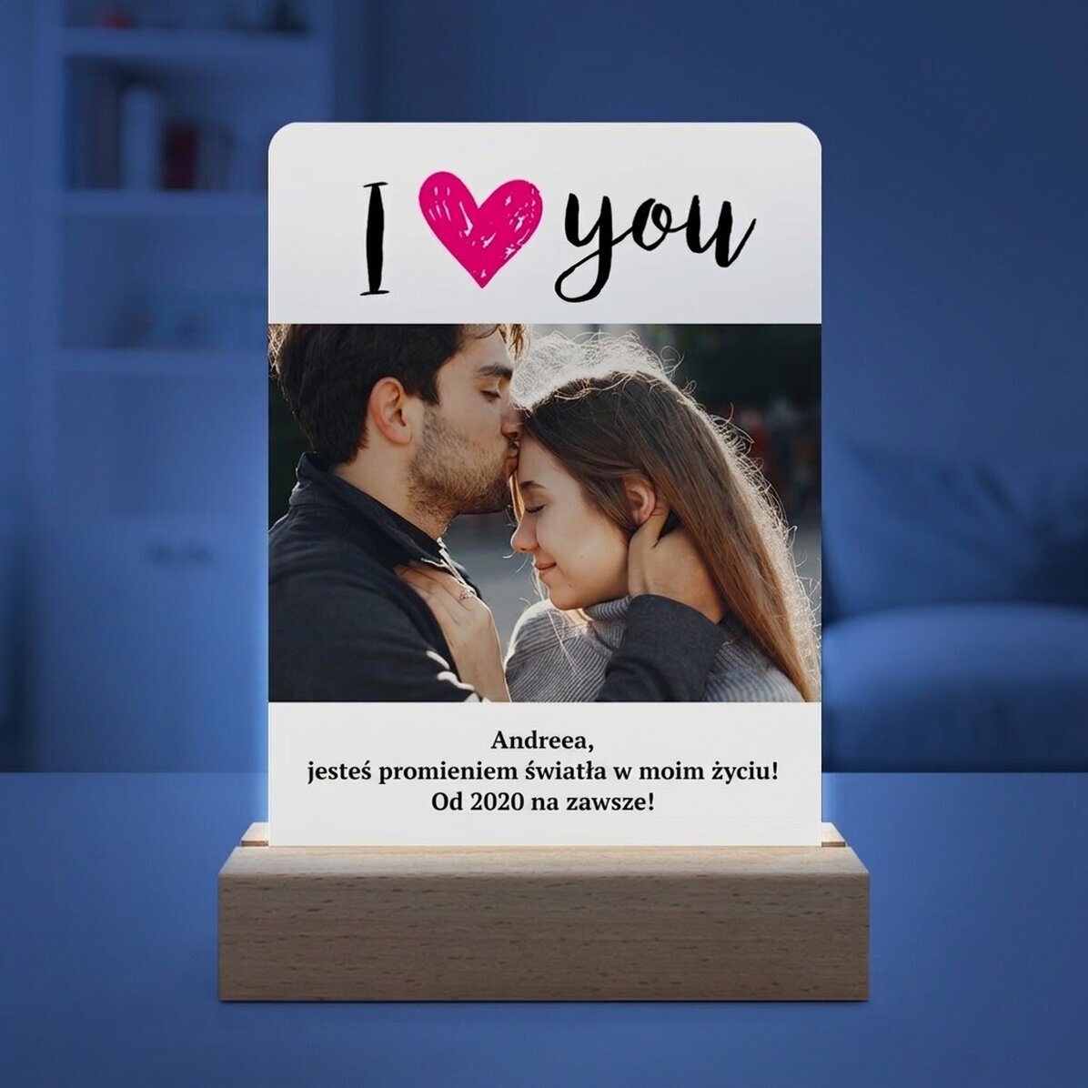 Spersonalizowana lampa nocna LED ze zdjęciem i napisem – „I love you”